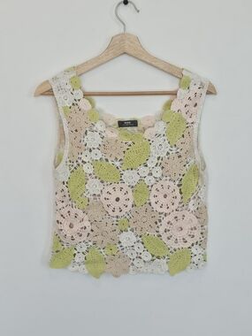 Max Studio Crocheted Floral Tank Top in Pink, Cream & Green